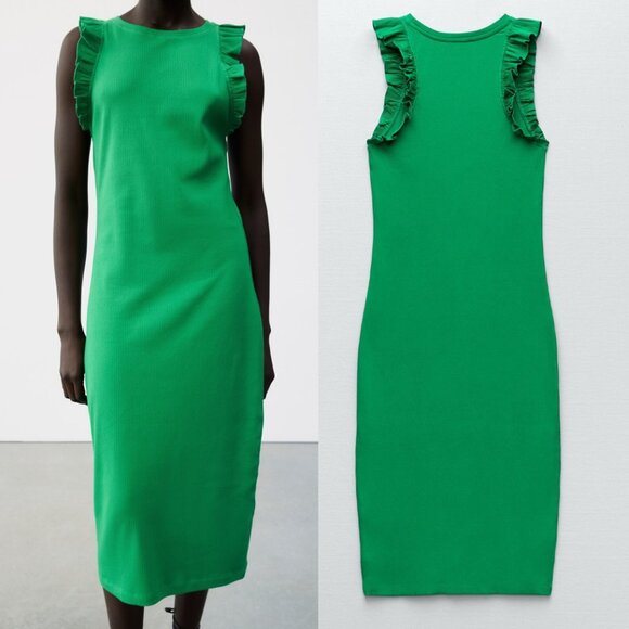 Zara Frill Ruffle Ribbed Knit Midi Dress Bodycon Kelly Green Size S  0962/629 - Picture 3 of 13